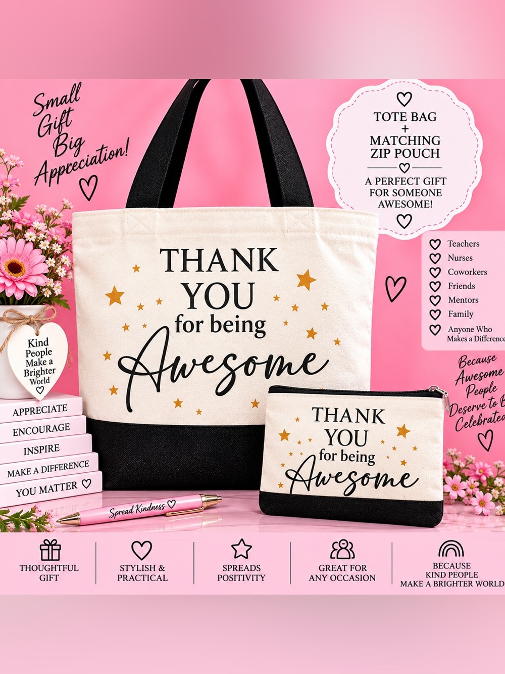 Thank You for Being Awesome Tote Bag & Zip Pouch — Cream and Black